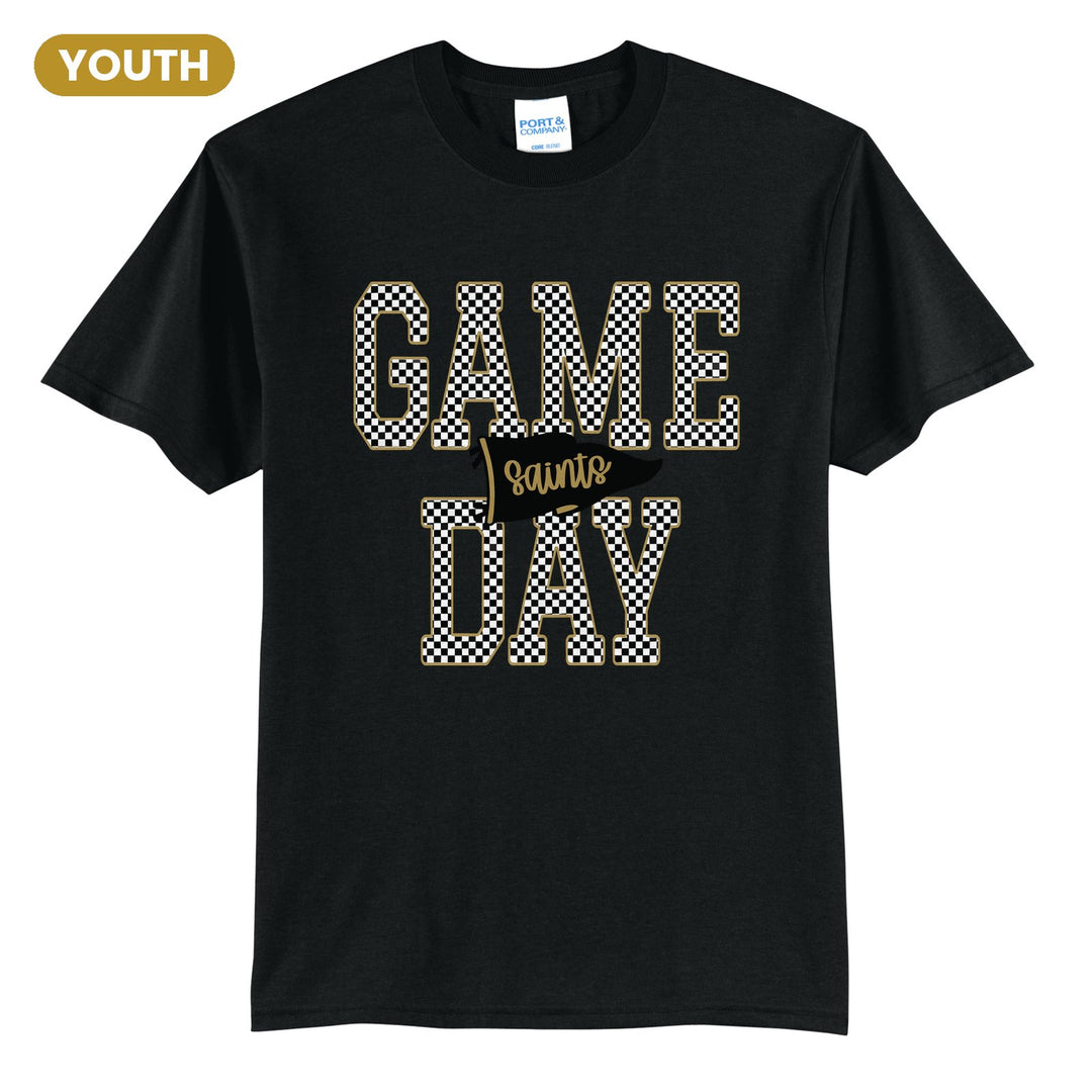 Berks Catholic Saints Game Day youth t-shirt in Jet Black: checkered GAME DAY lettering with a Saints pennant across the middle