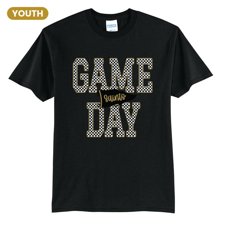 Berks Catholic Saints Game Day youth t-shirt in Jet Black: checkered GAME DAY lettering with a Saints pennant across the middle