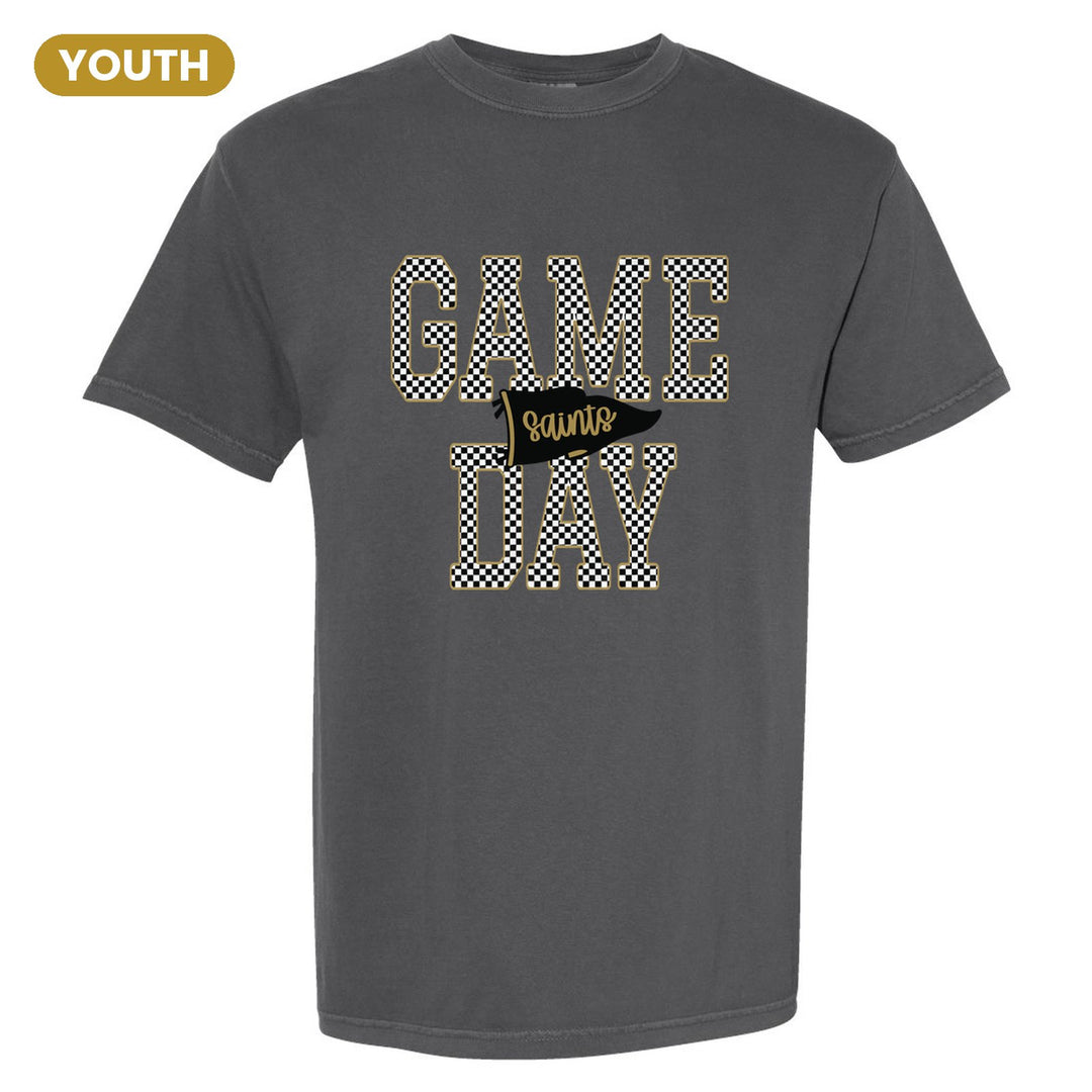 Berks Catholic Saints Game Day youth comfort colors t-shirt in Pepper: checkered GAME DAY lettering with a Saints pennant across the middle