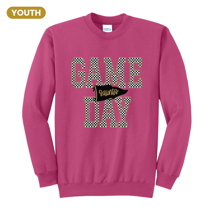 Berks Catholic Saints Game Day youth crewneck sweatshirt in Sangria: checkered GAME DAY lettering with a Saints pennant across the middle