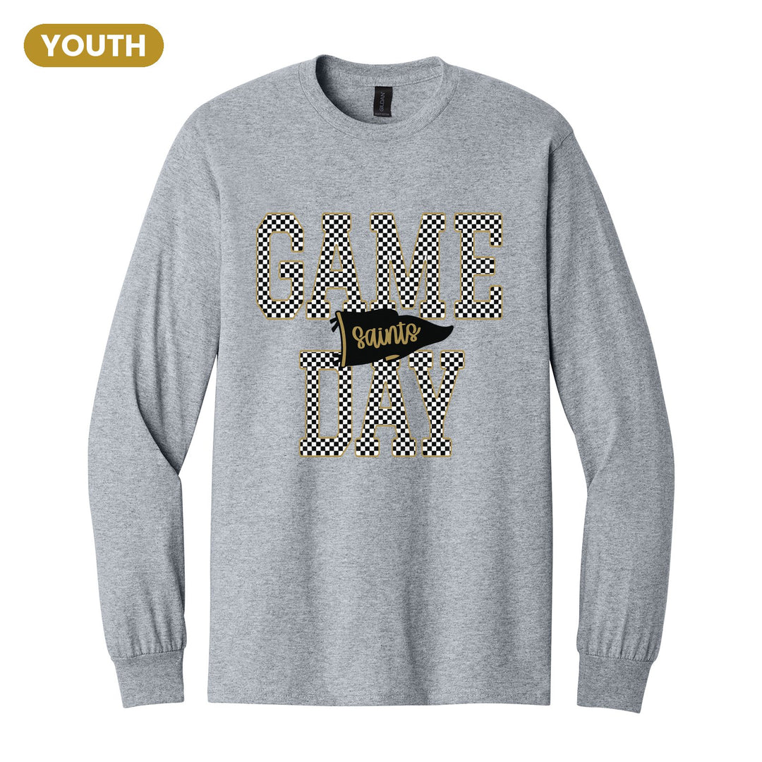 Berks Catholic Saints Game Day youth long sleeve t-shirt in Sport Grey: checkered GAME DAY lettering with a Saints pennant across the middle