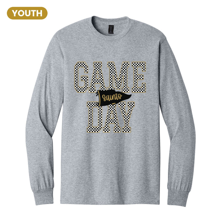 Berks Catholic Saints Game Day youth long sleeve t-shirt in Sport Grey: checkered GAME DAY lettering with a Saints pennant across the middle