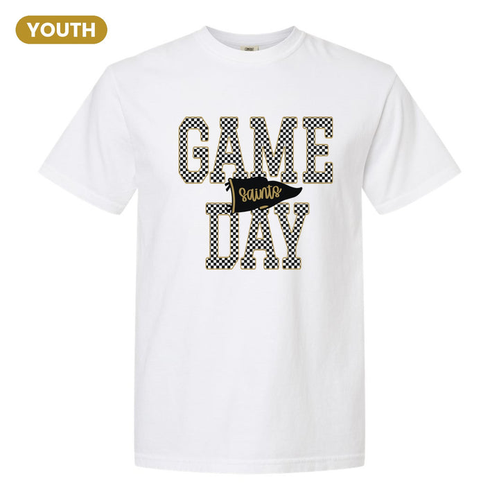 Berks Catholic Saints Game Day youth comfort colors t-shirt in White: checkered GAME DAY lettering with a Saints pennant across the middle