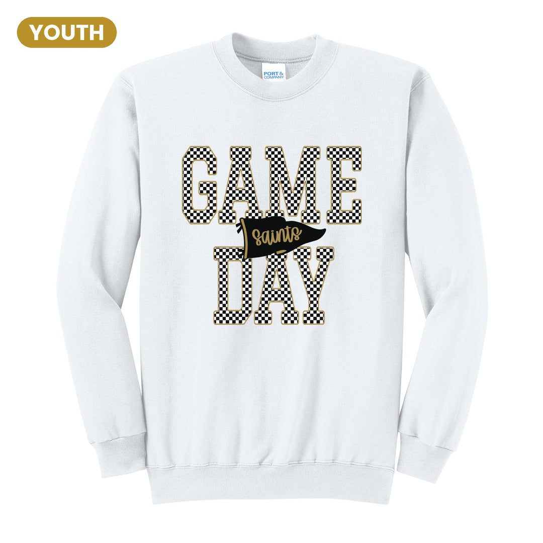 Berks Catholic Saints Game Day youth crewneck sweatshirt in White: checkered GAME DAY lettering with a Saints pennant across the middle