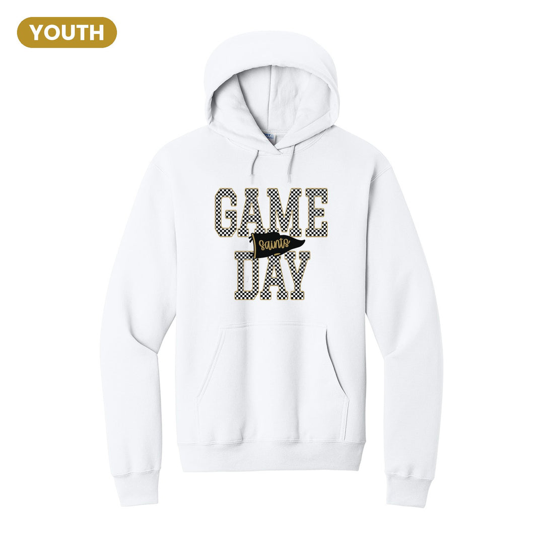 Berks Catholic Saints Game Day youth hoodie in White: checkered GAME DAY lettering with a Saints pennant across the middle