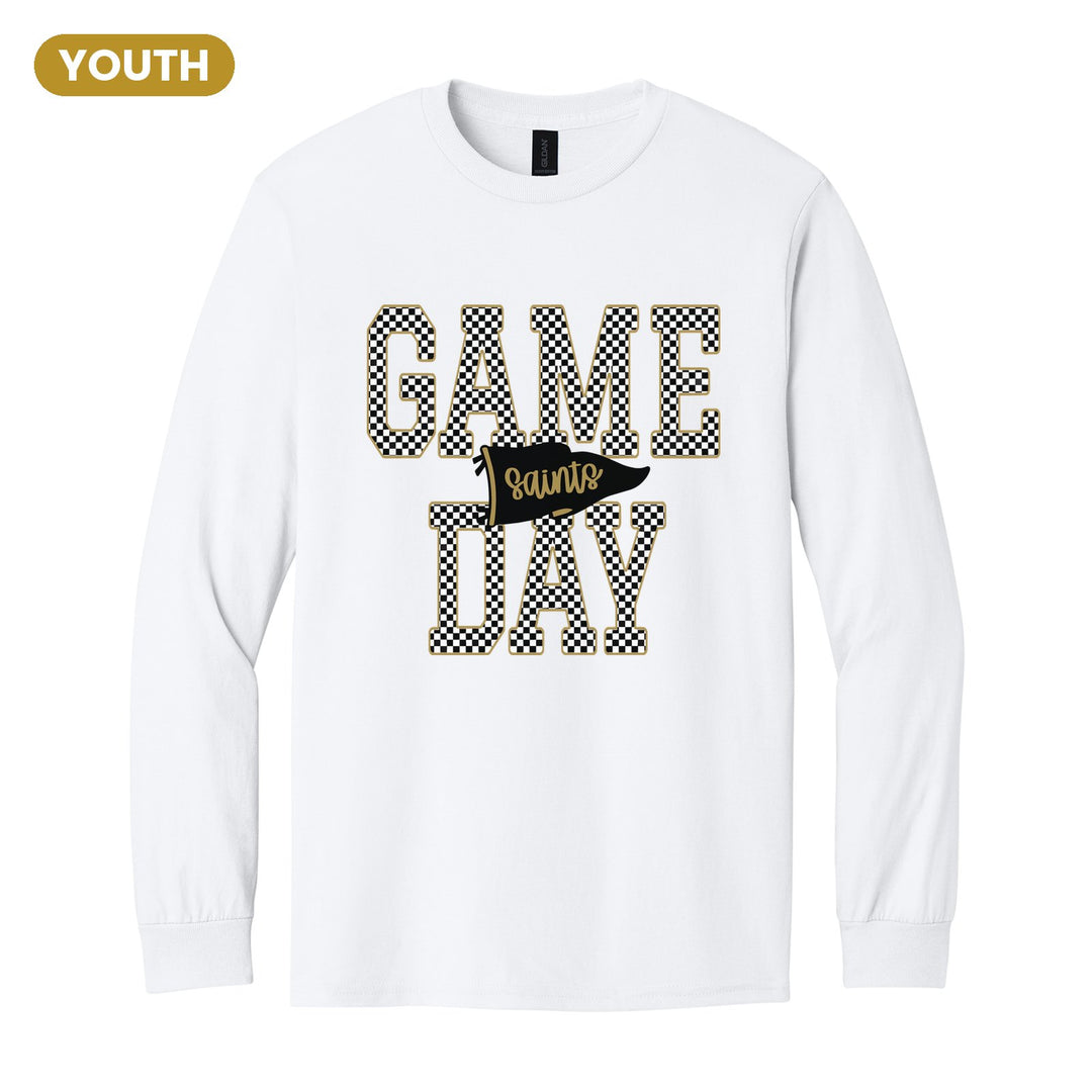 Berks Catholic Saints Game Day youth long sleeve t-shirt in White: checkered GAME DAY lettering with a Saints pennant across the middle