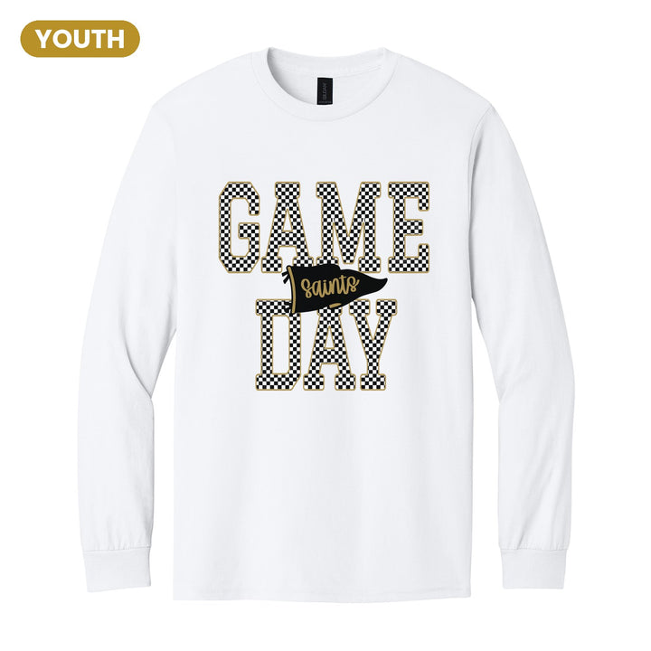 Berks Catholic Saints Game Day youth long sleeve t-shirt in White: checkered GAME DAY lettering with a Saints pennant across the middle