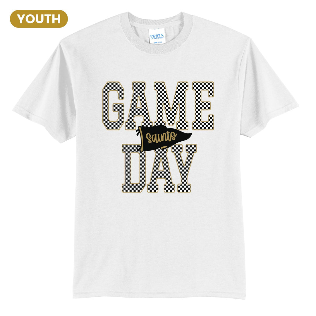 Berks Catholic Saints Game Day youth t-shirt in White: checkered GAME DAY lettering with a Saints pennant across the middle