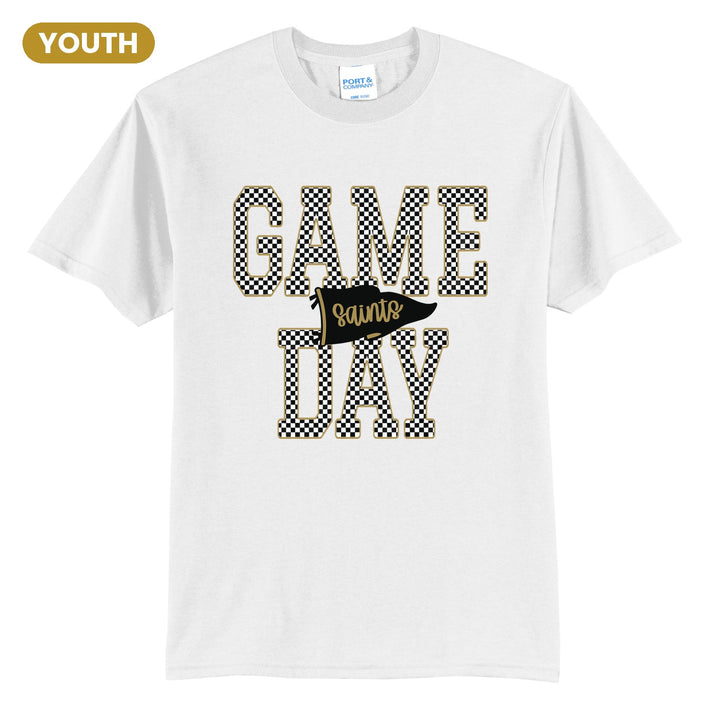 Berks Catholic Saints Game Day youth t-shirt in White: checkered GAME DAY lettering with a Saints pennant across the middle
