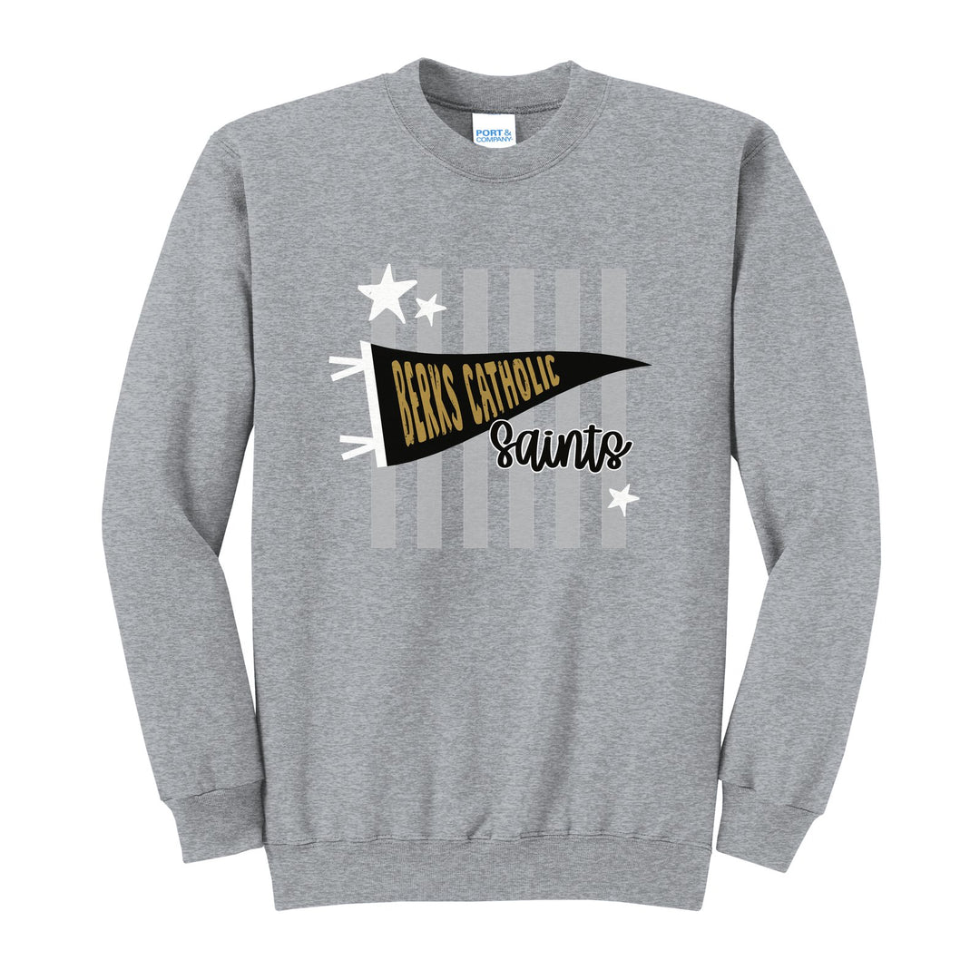 Berks Catholic Saints Pennant Stripes crewneck sweatshirt in Athletic Heather: a Berks Catholic pennant and Saints script over grey stripes and stars