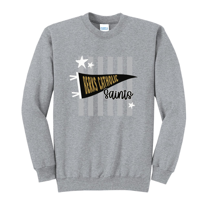 Berks Catholic Saints Pennant Stripes crewneck sweatshirt in Athletic Heather: a Berks Catholic pennant and Saints script over grey stripes and stars