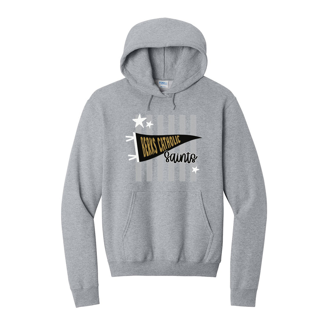 Berks Catholic Saints Pennant Stripes hoodie in Athletic Heather: a Berks Catholic pennant and Saints script over grey stripes and stars