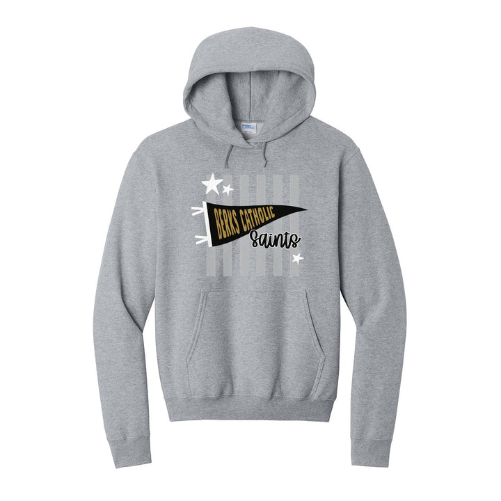 Berks Catholic Saints Pennant Stripes hoodie in Athletic Heather: a Berks Catholic pennant and Saints script over grey stripes and stars