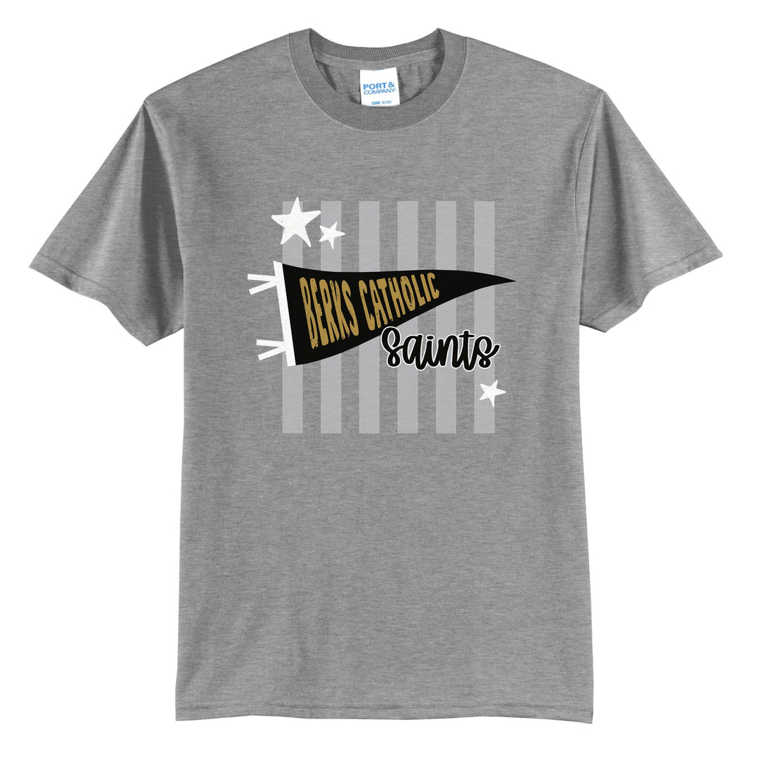 Berks Catholic Saints Pennant Stripes t-shirt in Athletic Heather: a Berks Catholic pennant and Saints script over grey stripes and stars