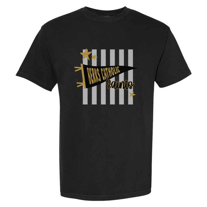 Berks Catholic Saints Pennant Stripes comfort colors t-shirt in Black: a Berks Catholic pennant and Saints script over grey stripes and stars