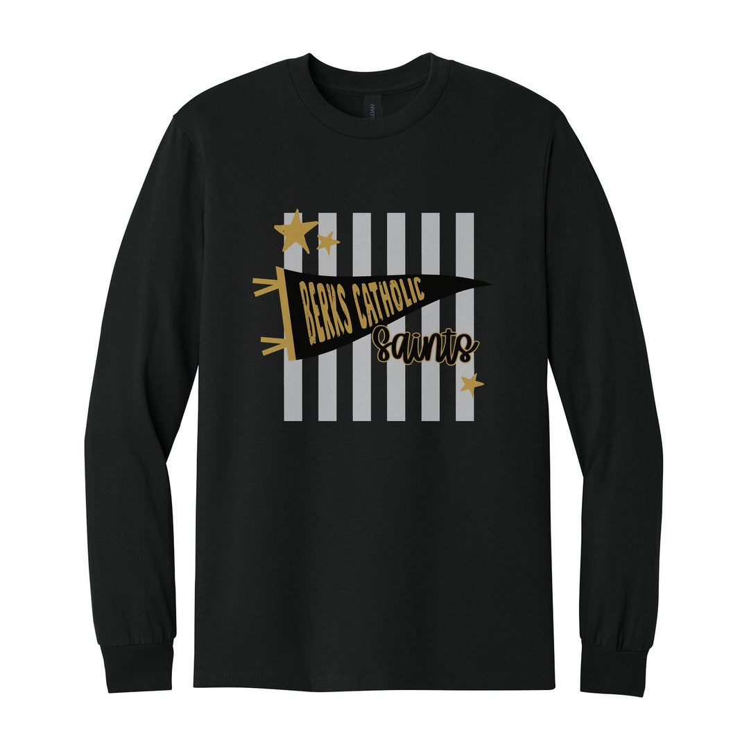 Berks Catholic Saints Pennant Stripes long sleeve t-shirt in Black: a Berks Catholic pennant and Saints script over grey stripes and stars