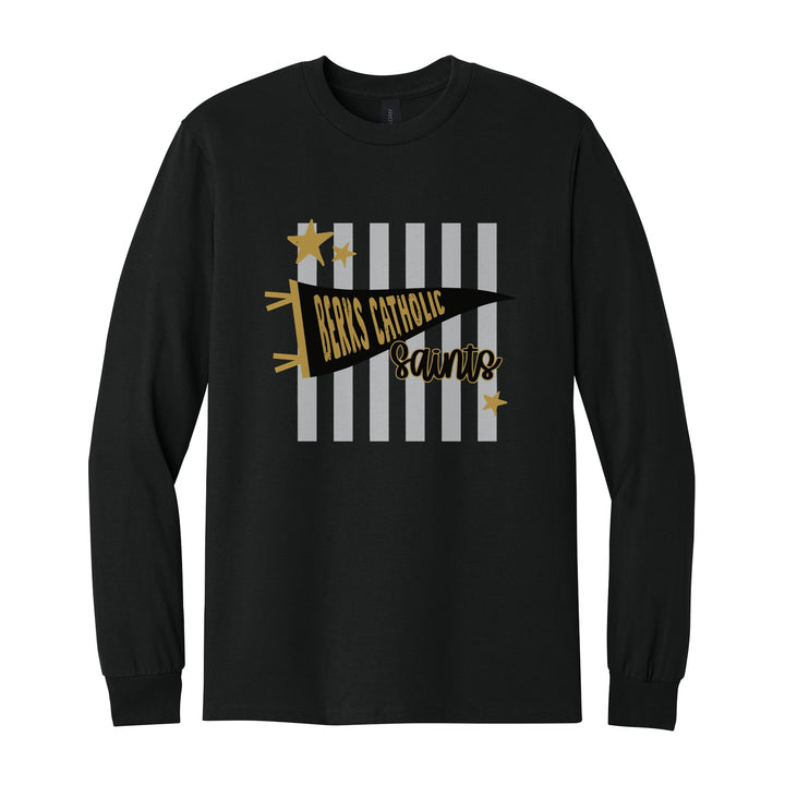 Berks Catholic Saints Pennant Stripes long sleeve t-shirt in Black: a Berks Catholic pennant and Saints script over grey stripes and stars