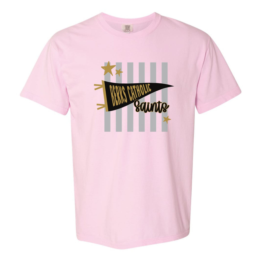 Berks Catholic Saints Pennant Stripes comfort colors t-shirt in Blossom: a Berks Catholic pennant and Saints script over grey stripes and stars