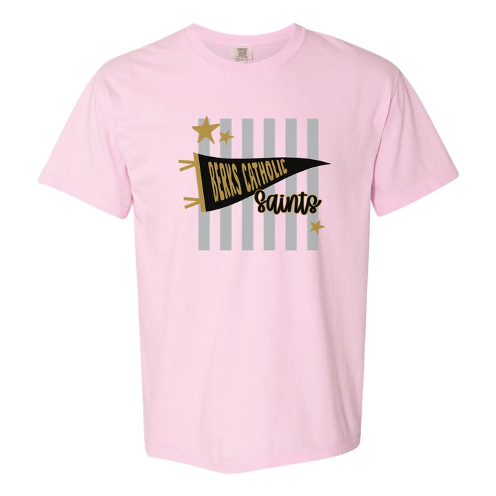Berks Catholic Saints Pennant Stripes comfort colors t-shirt in Blossom: a Berks Catholic pennant and Saints script over grey stripes and stars