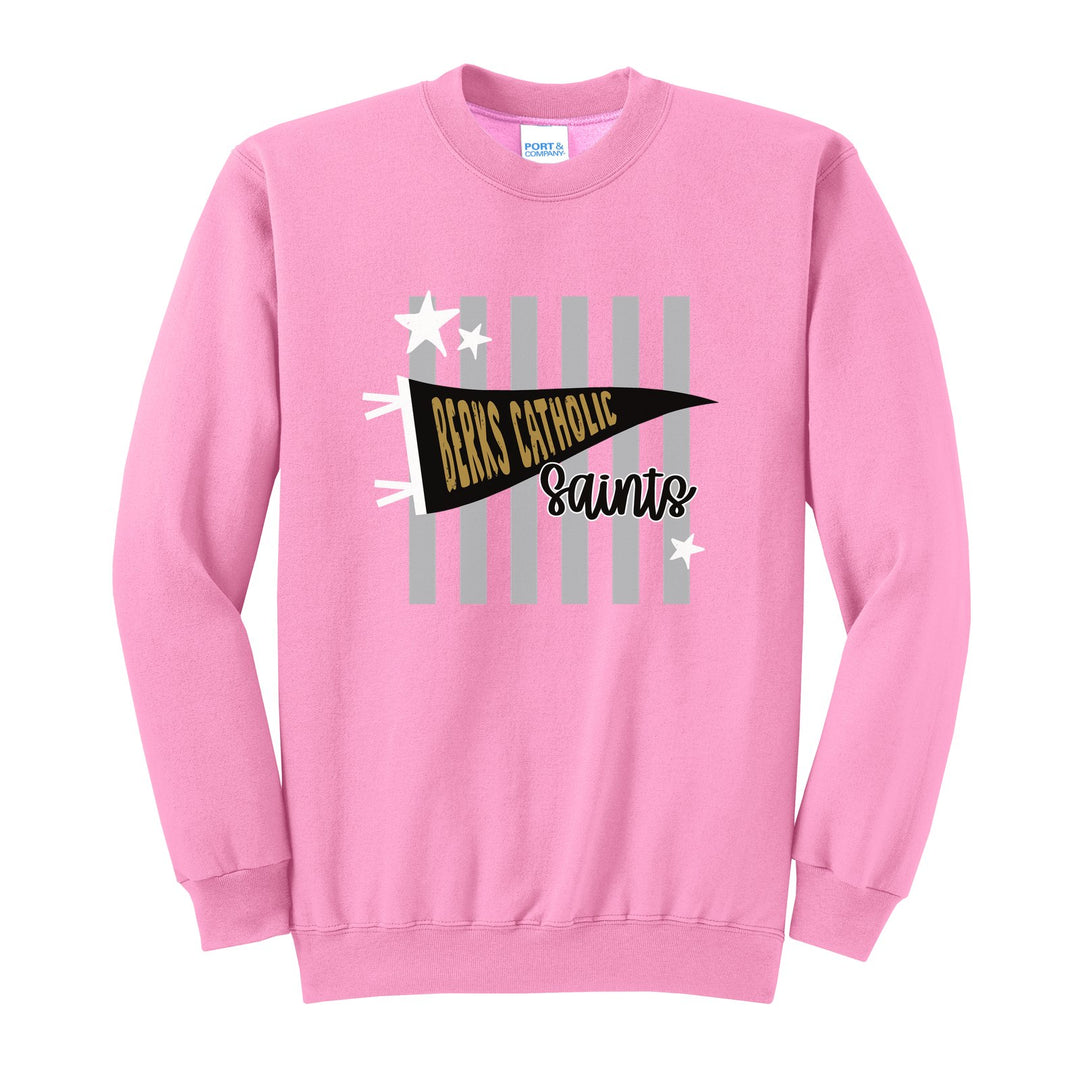 Berks Catholic Saints Pennant Stripes crewneck sweatshirt in Candy Pink: a Berks Catholic pennant and Saints script over grey stripes and stars