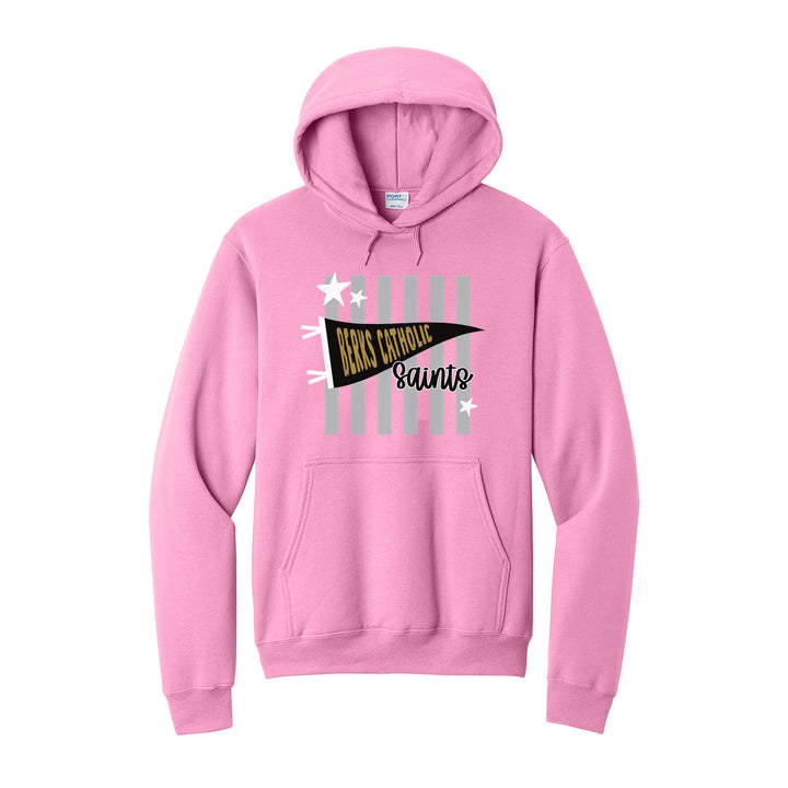 Berks Catholic Saints Pennant Stripes hoodie in Candy Pink: a Berks Catholic pennant and Saints script over grey stripes and stars