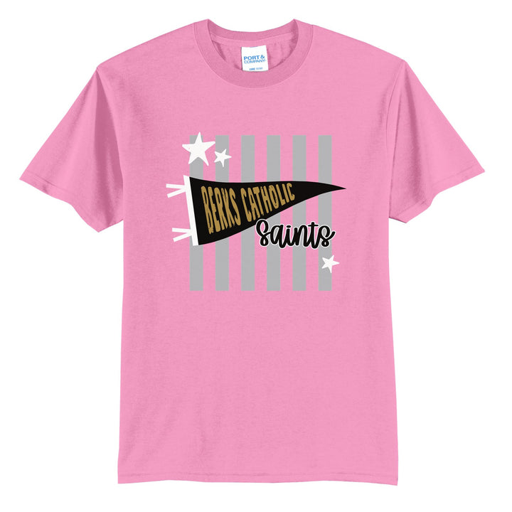 Berks Catholic Saints Pennant Stripes t-shirt in Candy Pink: a Berks Catholic pennant and Saints script over grey stripes and stars