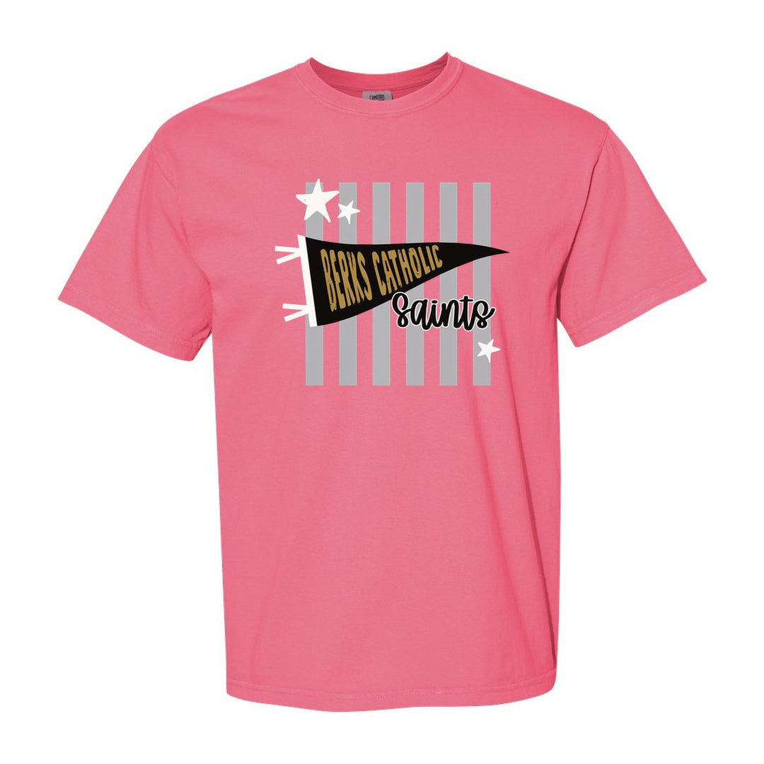 Berks Catholic Saints Pennant Stripes comfort colors t-shirt in Crunchberry: a Berks Catholic pennant and Saints script over grey stripes and stars