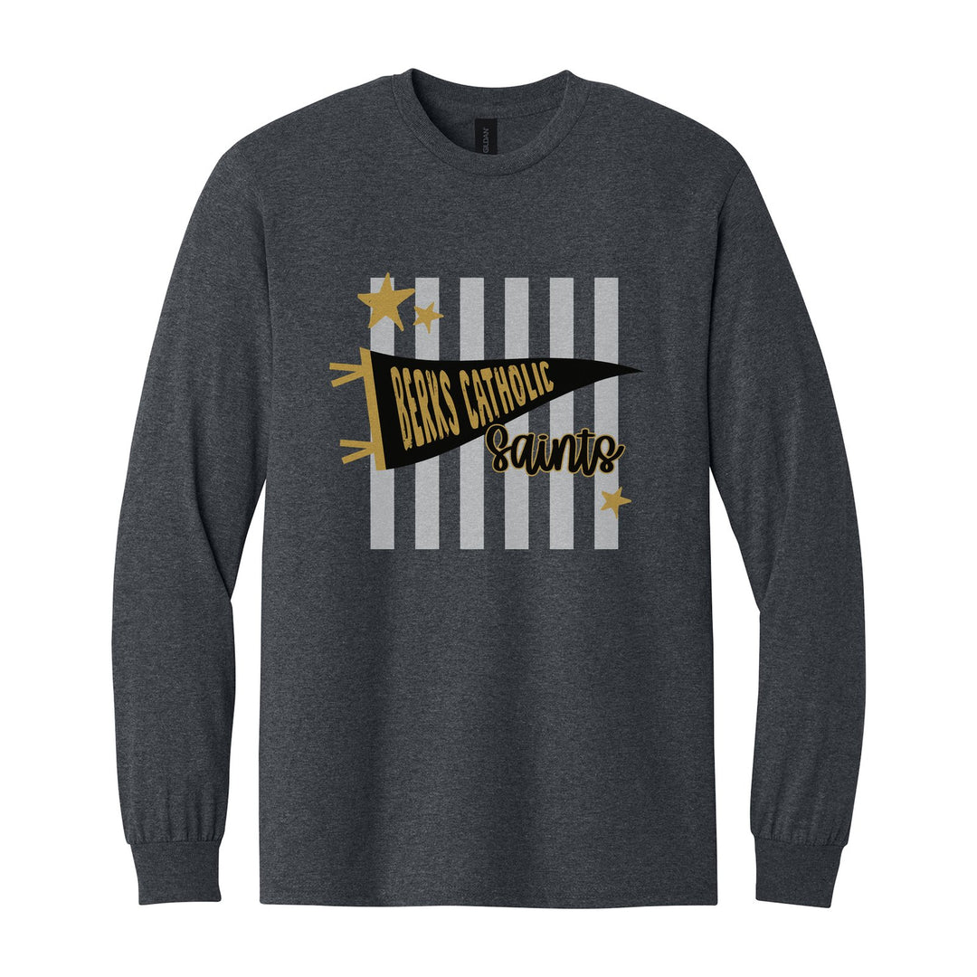 Berks Catholic Saints Pennant Stripes long sleeve t-shirt in Dark Heather: a Berks Catholic pennant and Saints script over grey stripes and stars