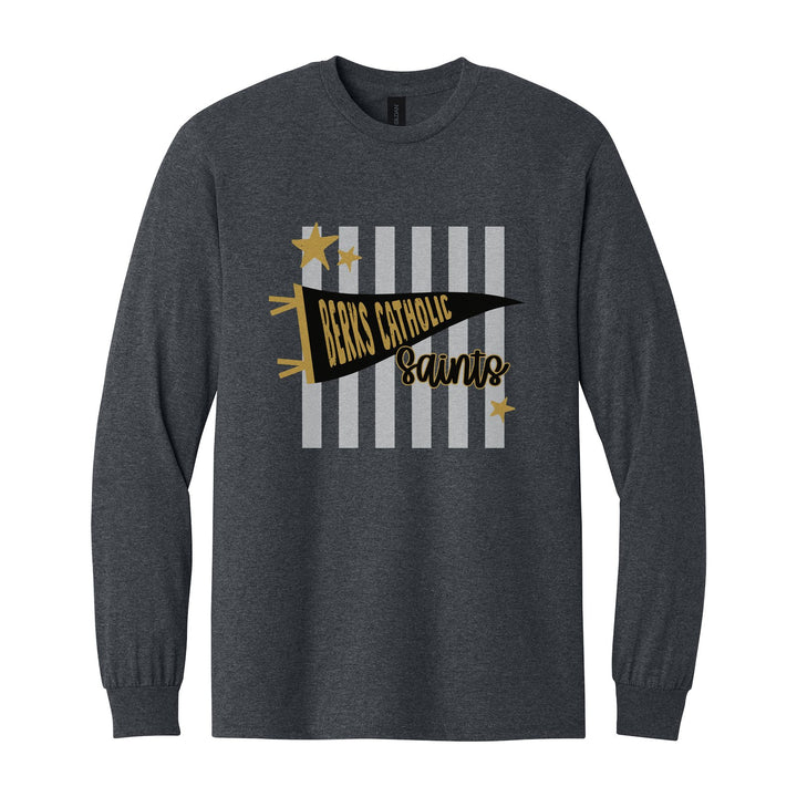 Berks Catholic Saints Pennant Stripes long sleeve t-shirt in Dark Heather: a Berks Catholic pennant and Saints script over grey stripes and stars