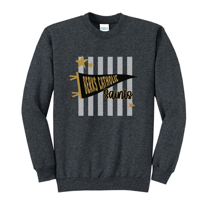 Berks Catholic Saints Pennant Stripes crewneck sweatshirt in Dark Heather Grey: a Berks Catholic pennant and Saints script over grey stripes and stars