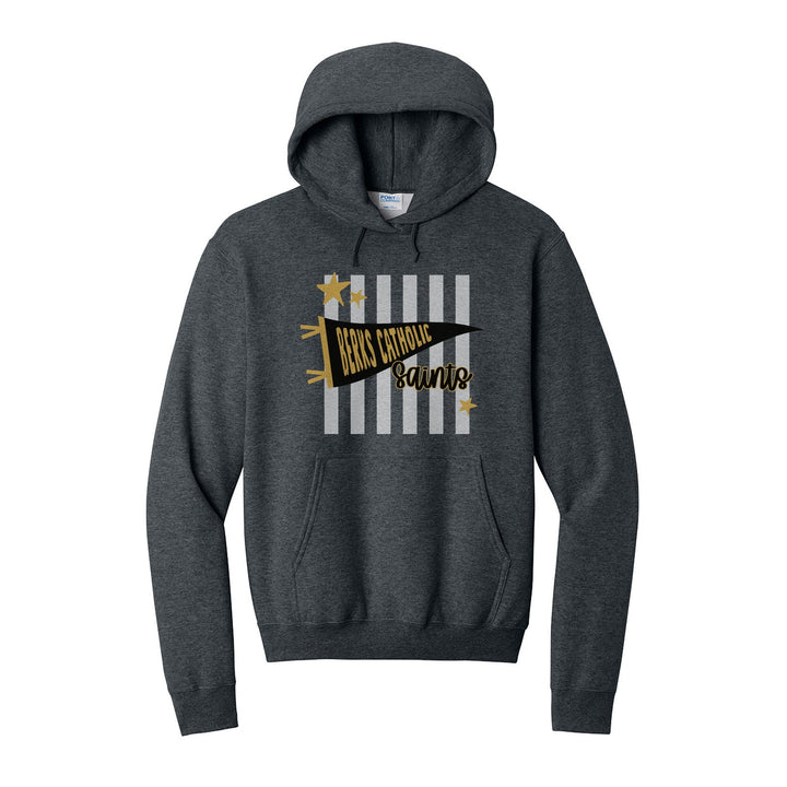 Berks Catholic Saints Pennant Stripes hoodie in Dark Heather Grey: a Berks Catholic pennant and Saints script over grey stripes and stars