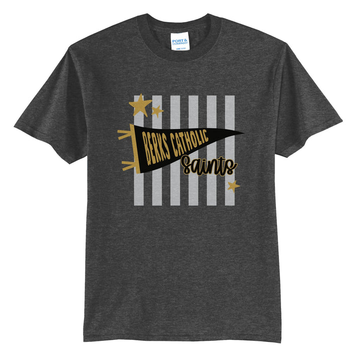 Berks Catholic Saints Pennant Stripes t-shirt in Dark Heather Grey: a Berks Catholic pennant and Saints script over grey stripes and stars