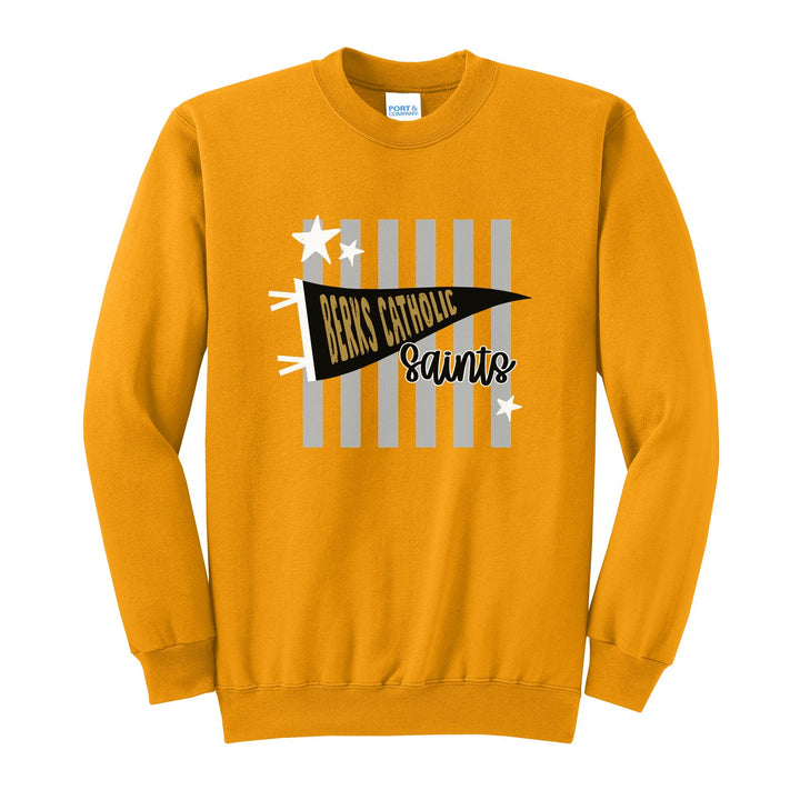 Berks Catholic Saints Pennant Stripes crewneck sweatshirt in Gold: a Berks Catholic pennant and Saints script over grey stripes and stars