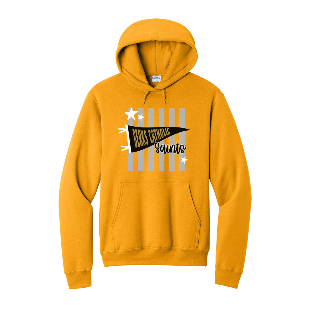 Berks Catholic Saints Pennant Stripes hoodie in Gold: a Berks Catholic pennant and Saints script over grey stripes and stars