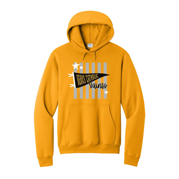 Berks Catholic Saints Pennant Stripes hoodie in Gold: a Berks Catholic pennant and Saints script over grey stripes and stars