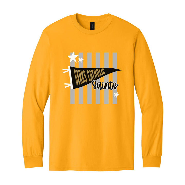Berks Catholic Saints Pennant Stripes long sleeve t-shirt in Gold: a Berks Catholic pennant and Saints script over grey stripes and stars