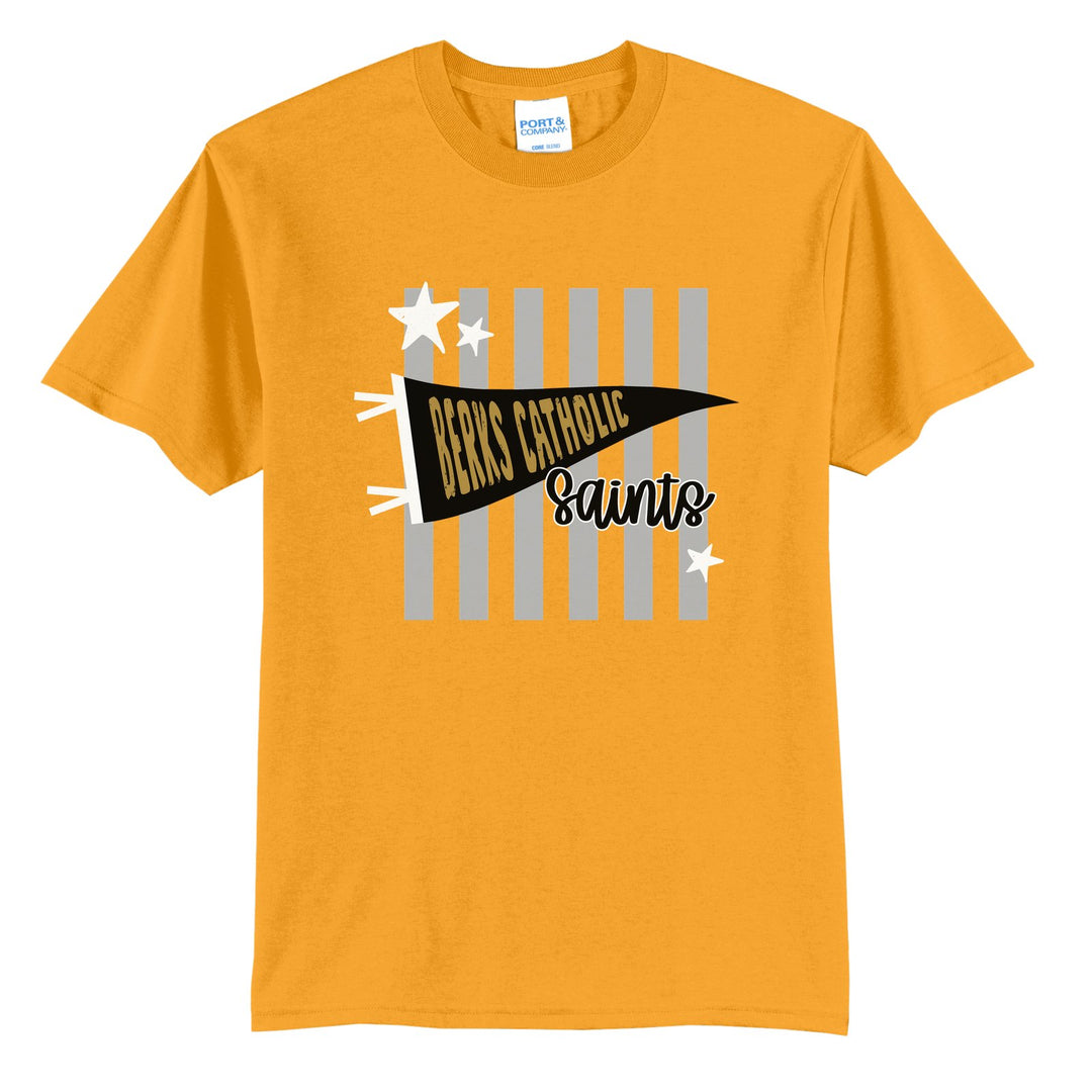 Berks Catholic Saints Pennant Stripes t-shirt in Gold: a Berks Catholic pennant and Saints script over grey stripes and stars