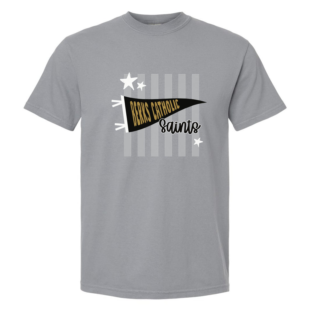 Berks Catholic Saints Pennant Stripes comfort colors t-shirt in Granite: a Berks Catholic pennant and Saints script over grey stripes and stars