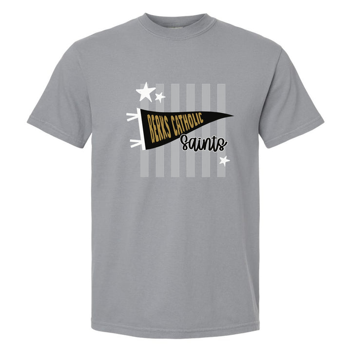 Berks Catholic Saints Pennant Stripes comfort colors t-shirt in Granite: a Berks Catholic pennant and Saints script over grey stripes and stars
