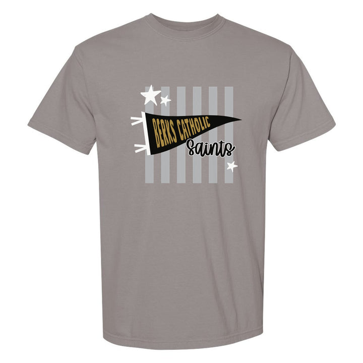 Berks Catholic Saints Pennant Stripes comfort colors t-shirt in Grey: a Berks Catholic pennant and Saints script over grey stripes and stars