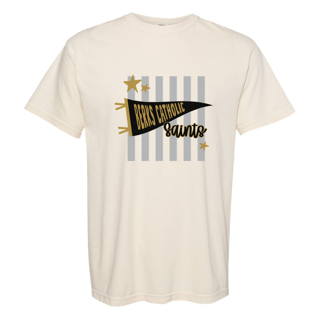 Berks Catholic Saints Pennant Stripes comfort colors t-shirt in Ivory: a Berks Catholic pennant and Saints script over grey stripes and stars