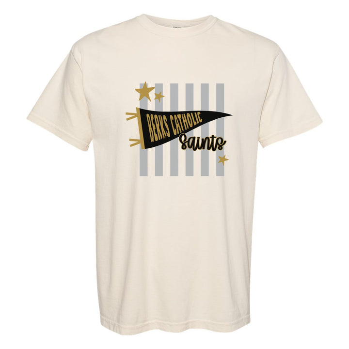 Berks Catholic Saints Pennant Stripes comfort colors t-shirt in Ivory: a Berks Catholic pennant and Saints script over grey stripes and stars