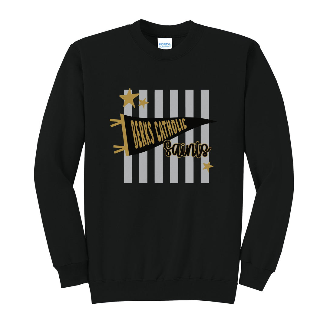 Berks Catholic Saints Pennant Stripes crewneck sweatshirt in Jet Black: a Berks Catholic pennant and Saints script over grey stripes and stars