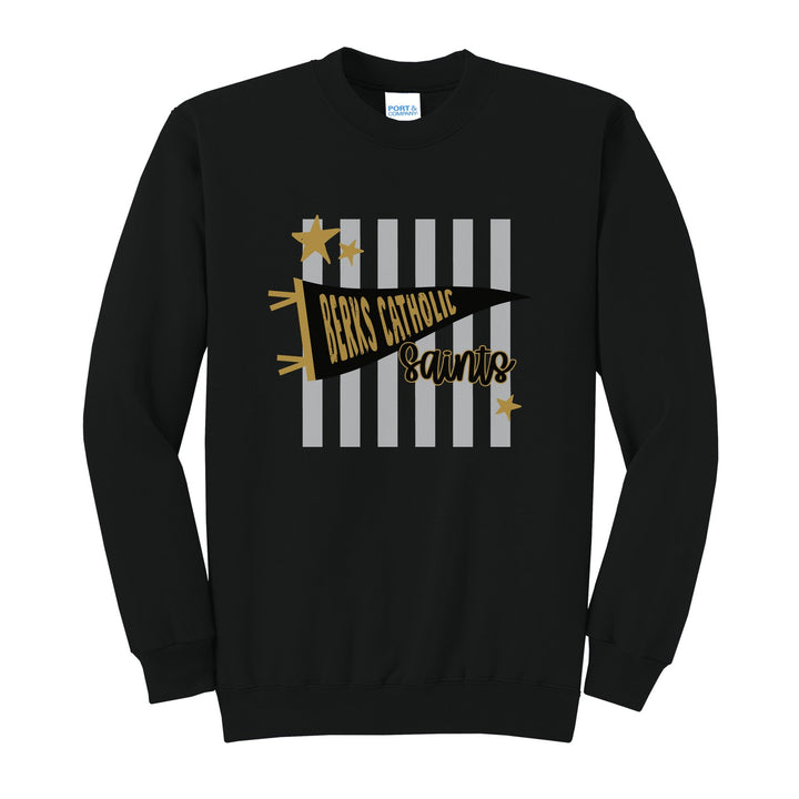Berks Catholic Saints Pennant Stripes crewneck sweatshirt in Jet Black: a Berks Catholic pennant and Saints script over grey stripes and stars