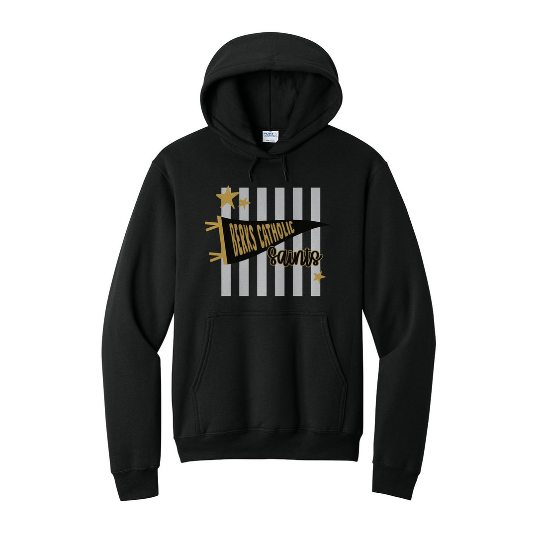 Berks Catholic Saints Pennant Stripes hoodie in Jet Black: a Berks Catholic pennant and Saints script over grey stripes and stars
