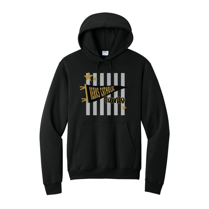 Berks Catholic Saints Pennant Stripes hoodie in Jet Black: a Berks Catholic pennant and Saints script over grey stripes and stars