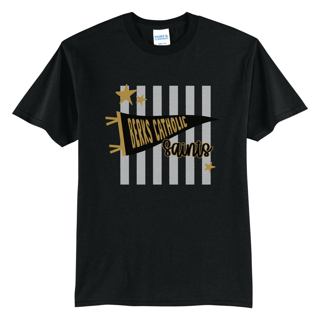 Berks Catholic Saints Pennant Stripes t-shirt in Jet Black: a Berks Catholic pennant and Saints script over grey stripes and stars