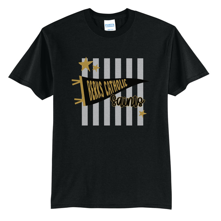 Berks Catholic Saints Pennant Stripes t-shirt in Jet Black: a Berks Catholic pennant and Saints script over grey stripes and stars
