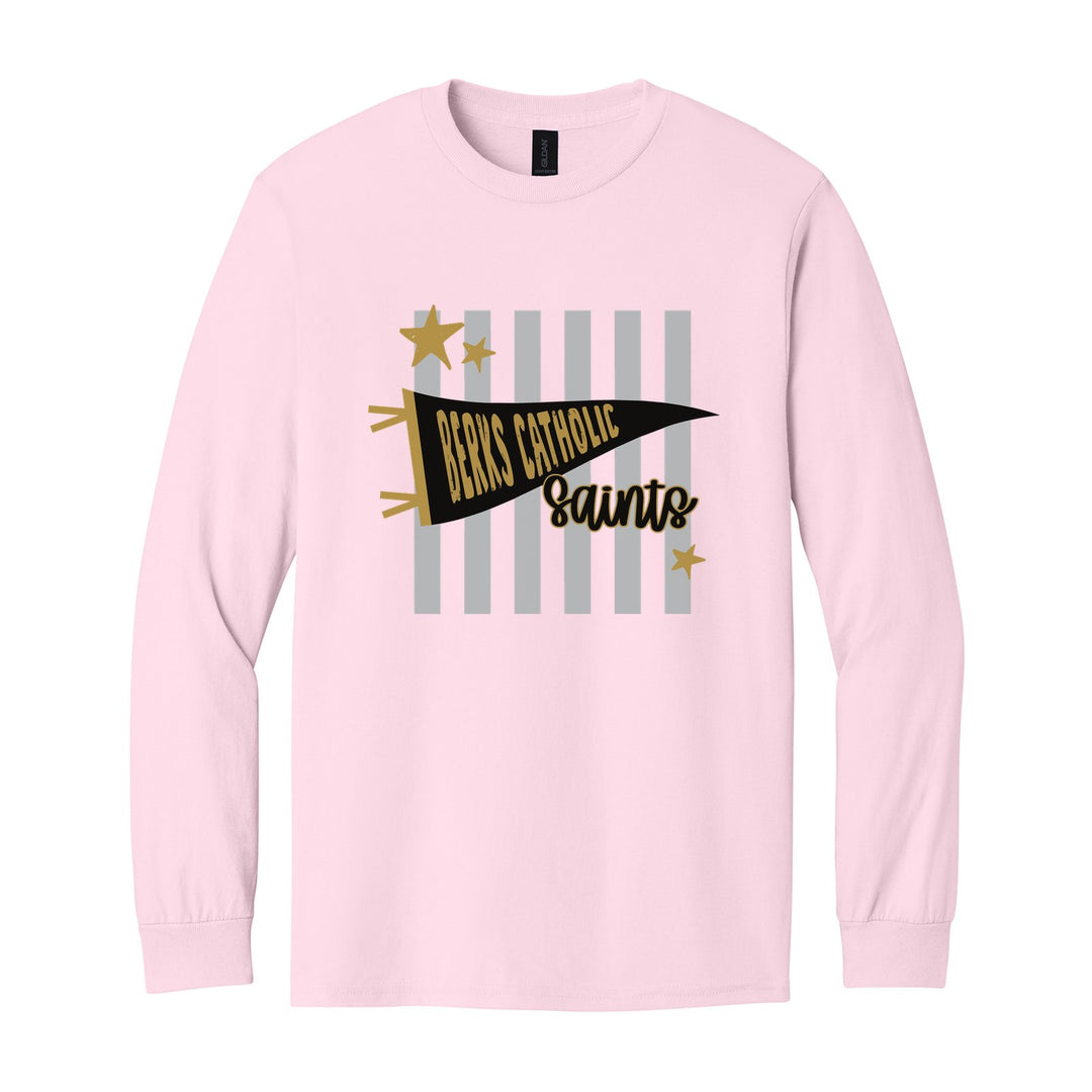 Berks Catholic Saints Pennant Stripes long sleeve t-shirt in Light Pink: a Berks Catholic pennant and Saints script over grey stripes and stars