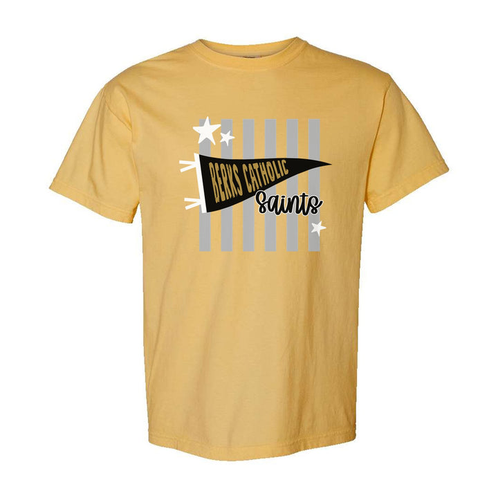 Berks Catholic Saints Pennant Stripes comfort colors t-shirt in Mustard: a Berks Catholic pennant and Saints script over grey stripes and stars
